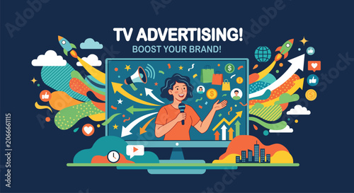 Canvastavla TV advertising and digital marketing concept banner with a female presenter on a television screen promoting brands, surrounded by colorful growth arrows, shopping bags, and business icons