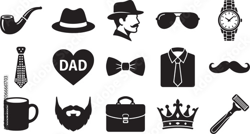 Collection of 15 icons for father's day and men's style with sunglasses mustache suitcase