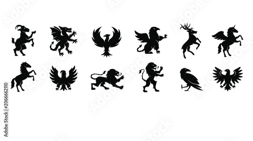 Collection of mythical creature silhouettes on white background
