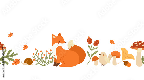 Sleeping Fox in Autumn Forest Border Illustration