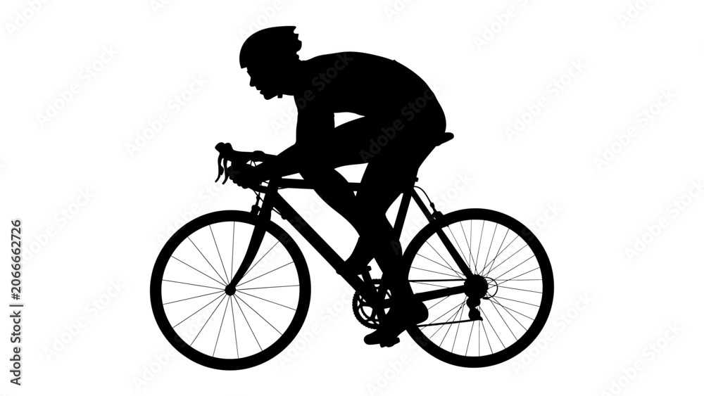 Obraz premium Cycling Silhouette: A dynamic silhouette of a cyclist in full racing form, crouched low over the handlebars of a sleek road bike, embodying speed and dedication