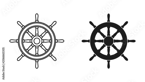 Fotografi Ship Wheel Icons: Two distinct ship's wheels, one outlined and the other solid black, represent maritime navigation and the helm of a vessel, symbolizing control and direction