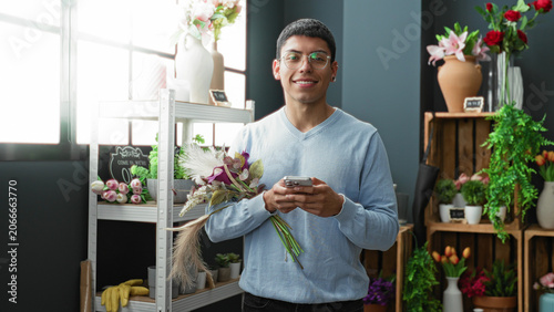 Obraz na plátně Man florist holding bouquet and texting on a smartphone in a studio flower shop, smiling and showing hands with stems; welcoming service