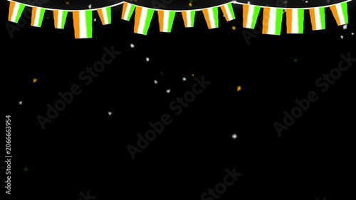 Indian Tricolor Flag Bunting with Falling Confetti - Patriotic Celebration Background Loop, Animated patriotic background featuring hanging Indian tricolor flag bunting and floating confetti on a dark