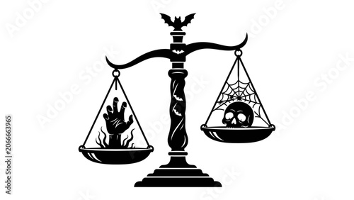 Obraz na płótnie Scales of Justice, Life vs Death: A symbolic illustration depicting the scales of justice weighing a reaching hand against a skull, representing the eternal balance between life and death