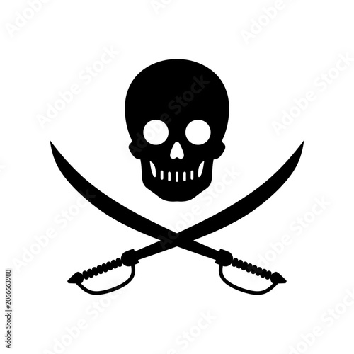 A black and white image of a skull and crossed swords. Pirate skull and swords symbol. nautical jolly roger emblem vector, gothic saber and skeleton head graphic, isolated white background