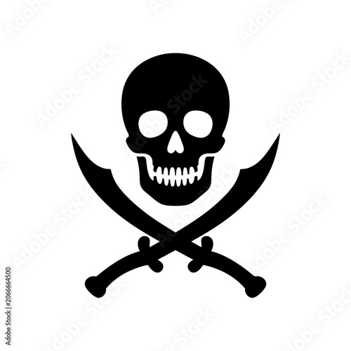 A black and white image of a skull and crossed swords. Pirate skull and swords symbol. nautical jolly roger emblem vector, gothic saber and skeleton head graphic, isolated white background