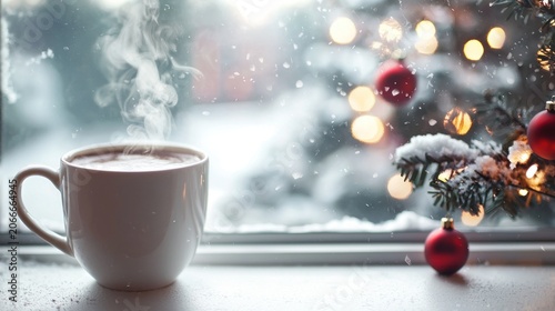 Warm beverage cozy winter scene