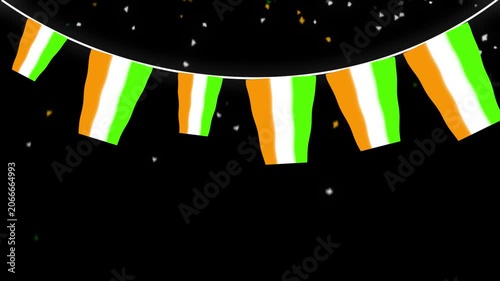 Indian Tricolor Flag Bunting Animation with Confetti on Dark Background for Independence Day Celebration, Animated Indian tricolor flag bunting gracefully hanging across a dark background with floatin