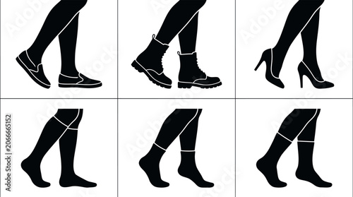 Tableau sur toile Legs In Various Footwear Black Silhouette On White Background