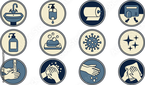 Photos Hand washing and hygiene icon collection with soap, sanitizer, cleaning, disinfe