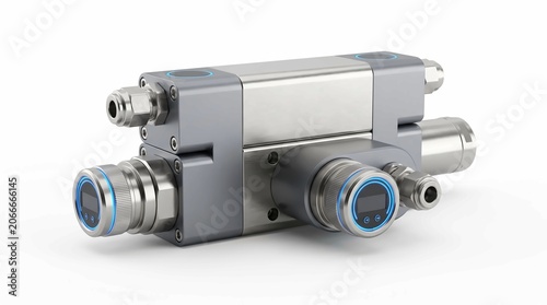 Industrial Pneumatic Valve Assembly with Connectors on White Background