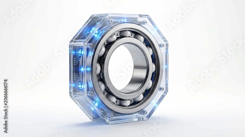 Close-up of a Ball Bearing inside a Futuristic Octagonal Casing with Blue Lights