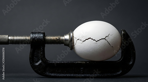 Delicate egg cracking under intense pressure from a metal vice, symbolizing stress and resilience