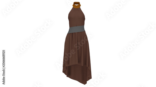 Halter neck brown dress with a grey waistband and flowing skirt