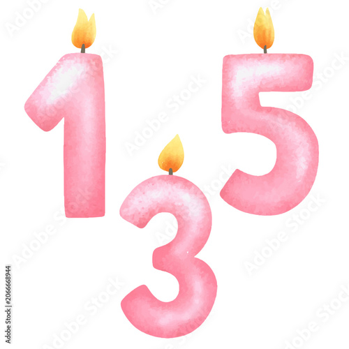 Cute pink pastel birthday candle 1 3 5 numerals collection for celebration and party design element