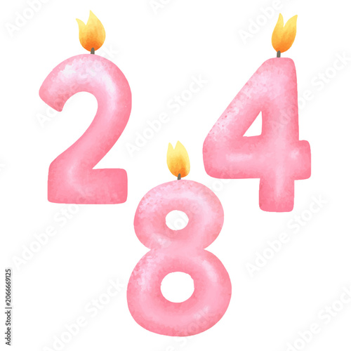 Cute pink pastel birthday candle 2 4 8 numerals collection for celebration and party design