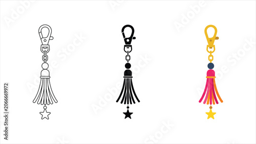 Canvastavla Keychain tassel charm with star icon set outline silhouette and color vector iso