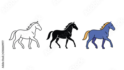 Obraz na plátně Horse walking icon set outline silhouette and color vector isolated on white bac