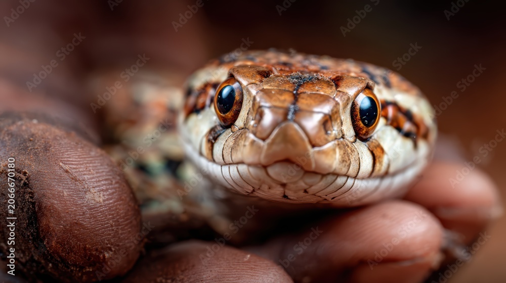 Fototapeta premium A close perspective of a hand gently holding a vibrant, patterned snake, revealing intricate details of the reptile's skin and showcasing a unique connection with nature.