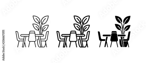 Dining Set Icons, Table and Chairs Vector Graphics, Indoor Plant Decor