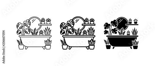 Bathtub Garden Icons, Botanical Bathroom Decor, Houseplant Oasis Vector Set