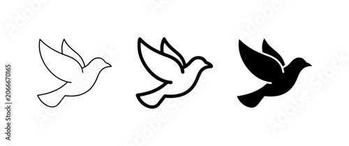 Flying Dove Icons, Outline and Silhouette, Symbolizing Peace, Freedom, Hope, Vector Graphics