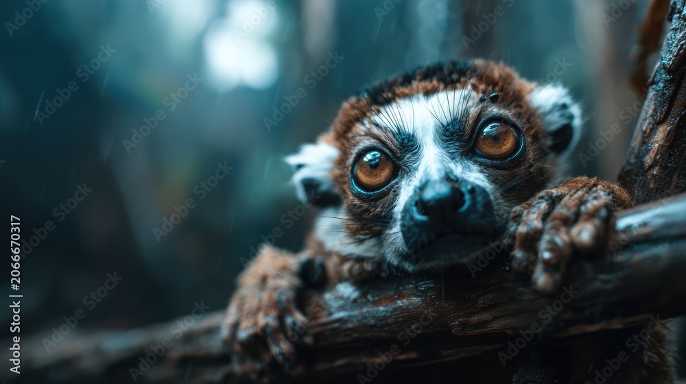 Fototapeta premium A close-up of a curious lemur perched on a branch, its expressive eyes reflecting curiosity and wonder as it explores its surroundings in a natural habitat.