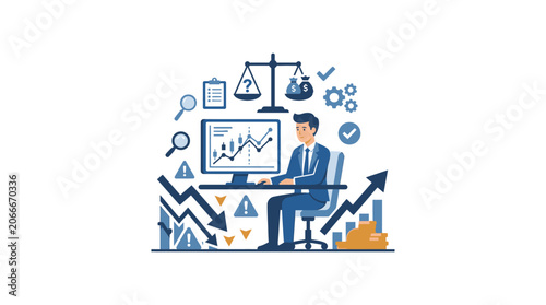 Man working on computer with financial charts and data analysis symbols