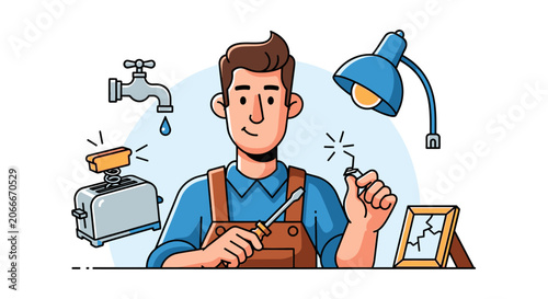 Skilled worker repairs household appliances and objects with tools