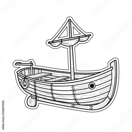 Stylized illustration of a wooden sailing vessel with mast and sail