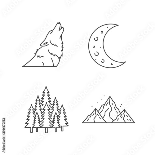 Stylized outline icons of wolf moon forest and mountain elements