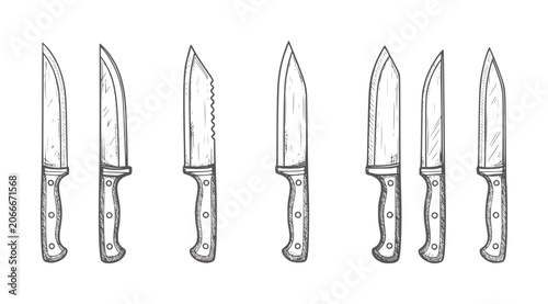Hand drawn collection of various kitchen knives white knife utensil cooking blade