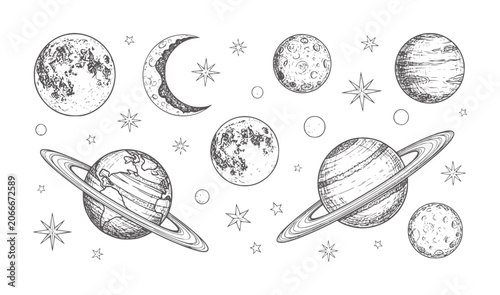 Tableau sur toile Hand drawn of planets moons and stars in a cosmic scene space