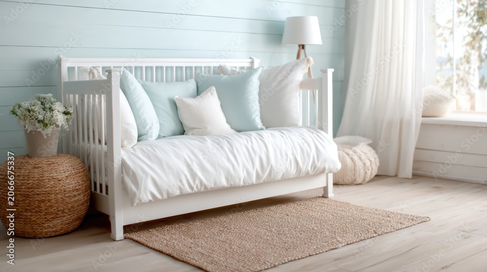 Fototapeta premium A serene and inviting cozy white daybed adorned with various soft pastel cushions, situated beside a sunlit window, creating a tranquil atmosphere perfect for relaxation and warmth.