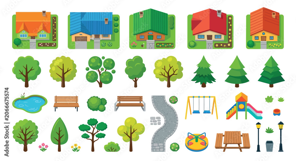 Fototapeta premium Collection Of Vector Houses Trees Park Elements On White Background