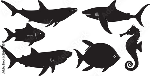 Marine Animals Silhouette Set Vector Illustration Isolated on White Background