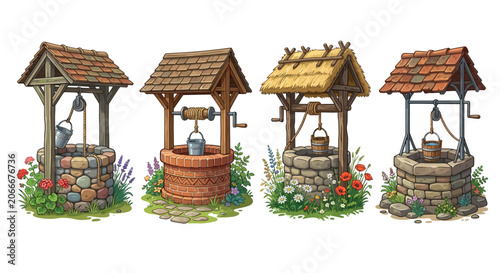 Tableau sur toile Four Village Wells Detailed Vector Illustration With White Background