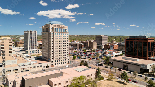 Fotografía Close aerial view of Colorado Springs downtown skyline with high rise office tow