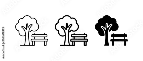 Park Bench and Tree Icons, Outdoor Recreation, Nature Scene Vector Graphics
