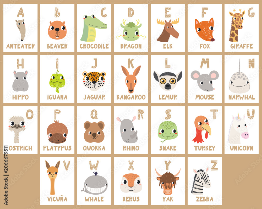 Obraz premium Cute animals, English alphabet, ABC letters cards, flashcards. Wildlife cartoon characters. Kids preschool, school educational, learning materials. Hand drawn flat vector illustration, design element