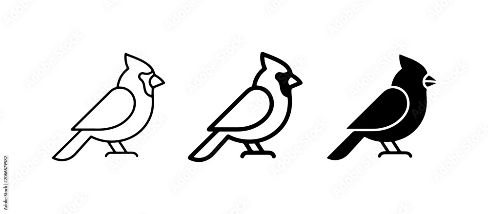 Obraz premium Cardinal Bird Icons: Simple Line Art, Outline, and Silhouette Vector Graphics