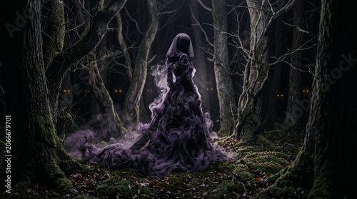Gothic Phantom Woman in Smoke Dress in Haunted Autumn Forest at Midnight Fine Art