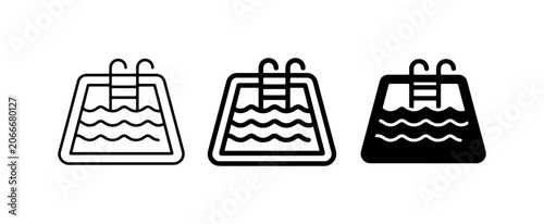 Swimming Pool Icons Set: Outline, Filled Outline, Solid Black Styles for Summer Recreation