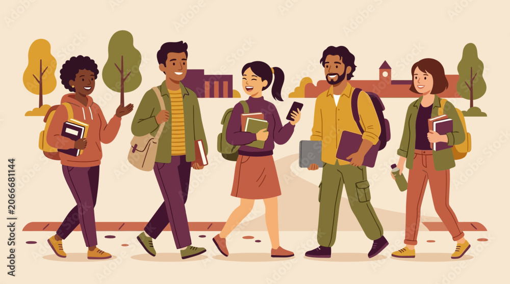 Fototapeta premium Diverse group of university students walking and talking on campus with books and backpacks, perfect for education website, academic blog and student recruitment banner