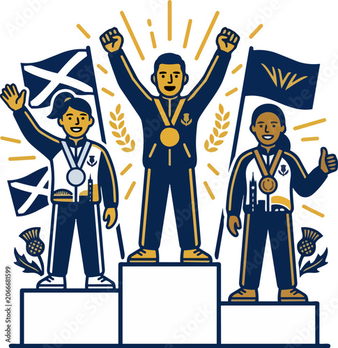 Φωτογραφία Scottish athletes on a victory podium with medals, flags, and thistles vector il