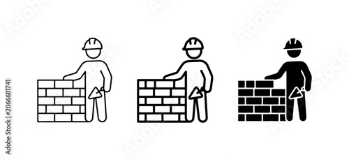 Bricklayer Icon Set, Construction Worker Building Wall, Masonry Tools, Safety Helmet, Industry Professionals