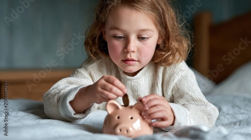 A reflective moment of a young child diligently inserting coins into a piggy bank, symbolizing the values of saving and financial responsibility in a warm and cozy home environment.