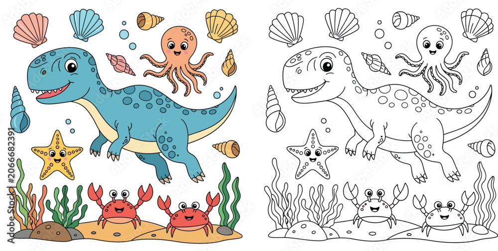 Obraz premium Cute Cartoon Dinosaur with Underwater Sea Creatures and Colorful Shells