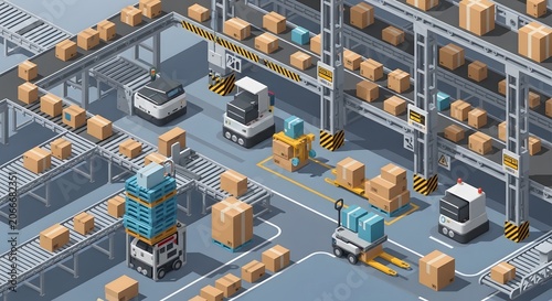 Industrial Warehouse Robots Sorting Boxes in Modern Logistics Center